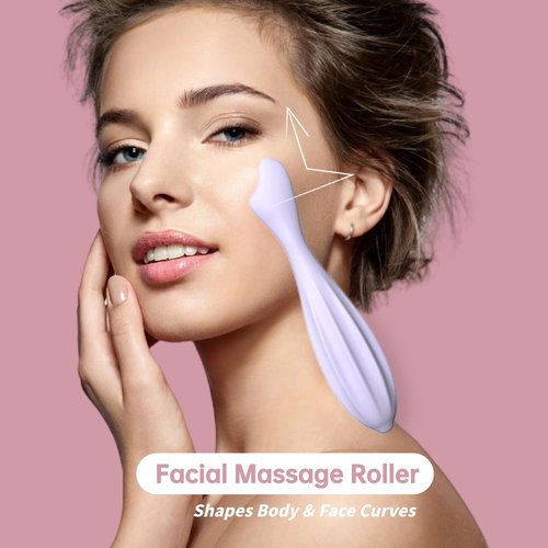 Silicone Facial Massage Roller, Face Massager Shapes Face Curves Improve Wrinkles, Body & Face Massager Skin Lifting Contouring Massage Tool Reduces Puffiness Promote Circulation for Women (Purple)