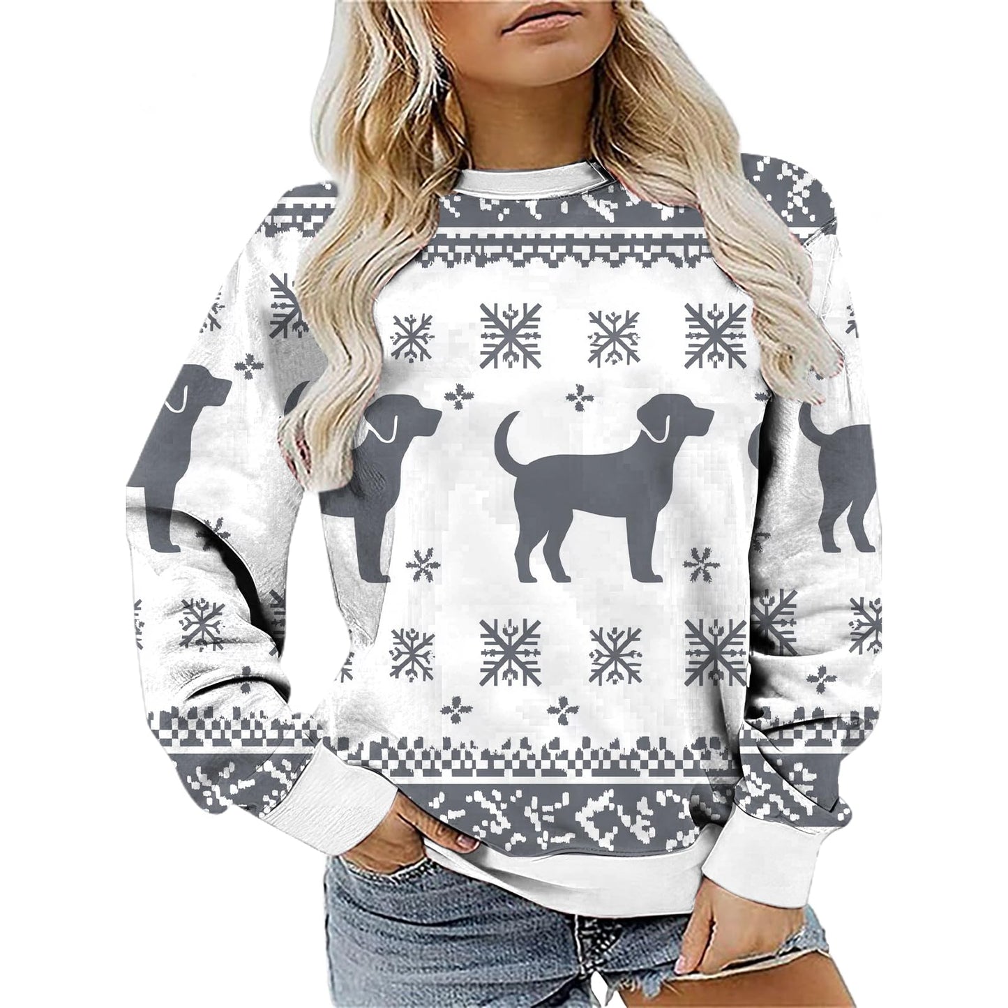 MARSVOVO Christmas Shirts For Women Long Sleeve Grey Christmas Dog Print Christmas Sweatshirt Plus Size Crew Neck Christmas Sweaters For Women,2XL