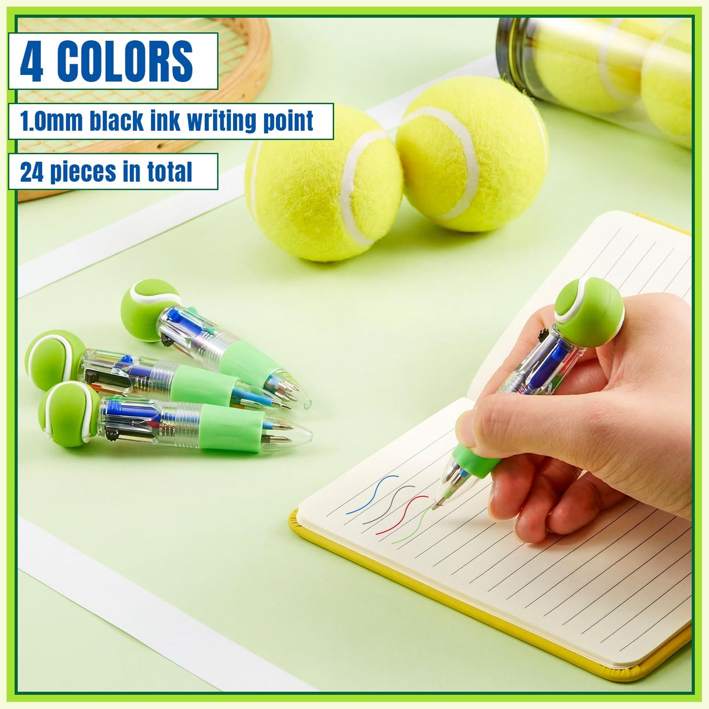 Kosiz 24 Pack Tennis Party Favors Tennis Team Gifts Multicolor 4 in 1 0.5mm Ballpoint Pen for Office Sport Lover Novelty Gifts Goodie Bags Stuffers