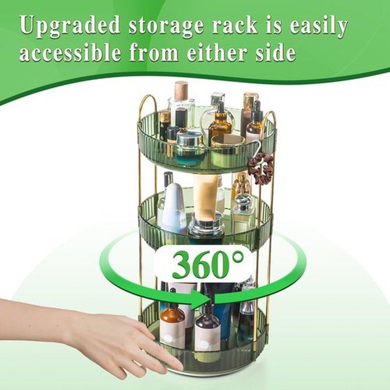 Megapuxin Makeup Organizer for Vanity,360° Rotating Lazy Susan Organizer Large Skincare Make Up Storage Cosmetic Dresser Organizer Countertop Organizer with Extra Hooks DIY Stickers for Bathroom