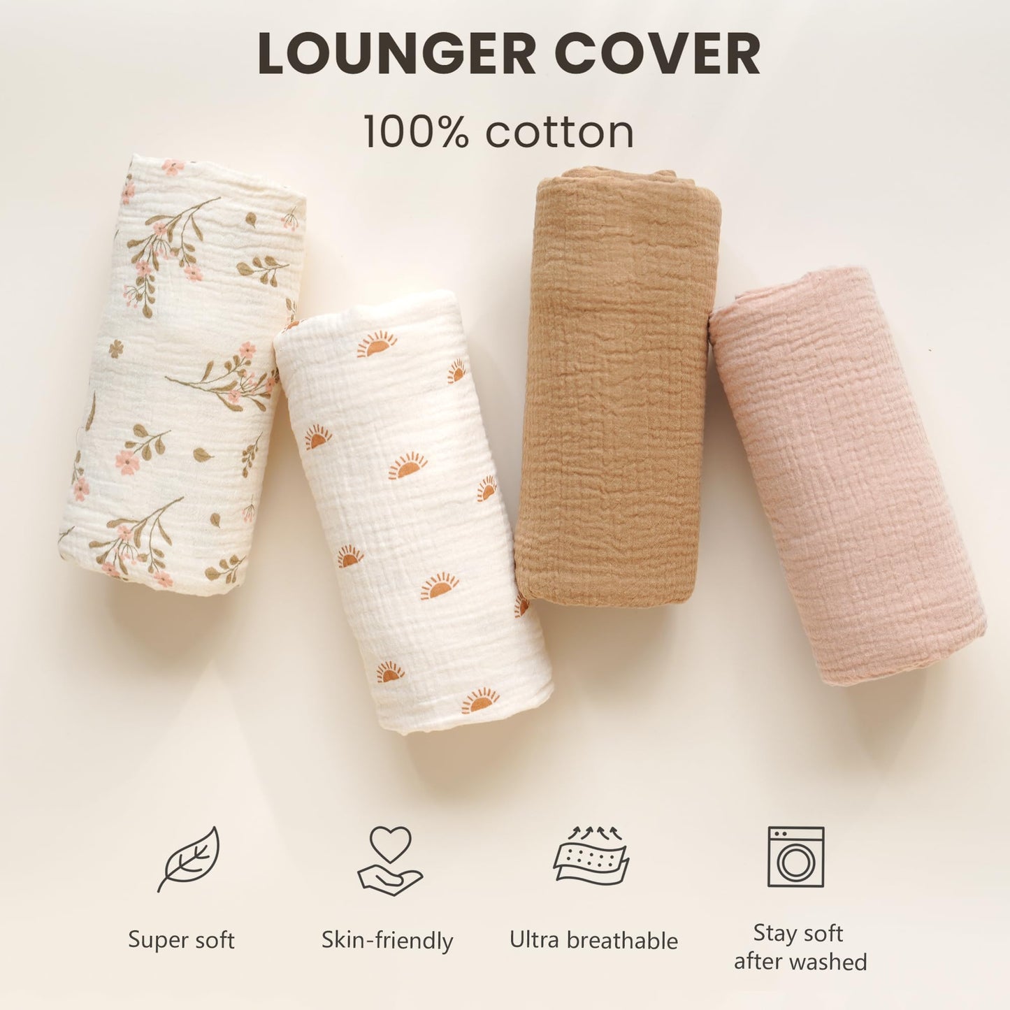 Konssy Muslin Baby Lounger Cover 2 Pack, 100% Cotton Newborn Lounger Cover, Soft and Breathable Baby Nest Slipcover for Boys Girls (Pink, Floral)