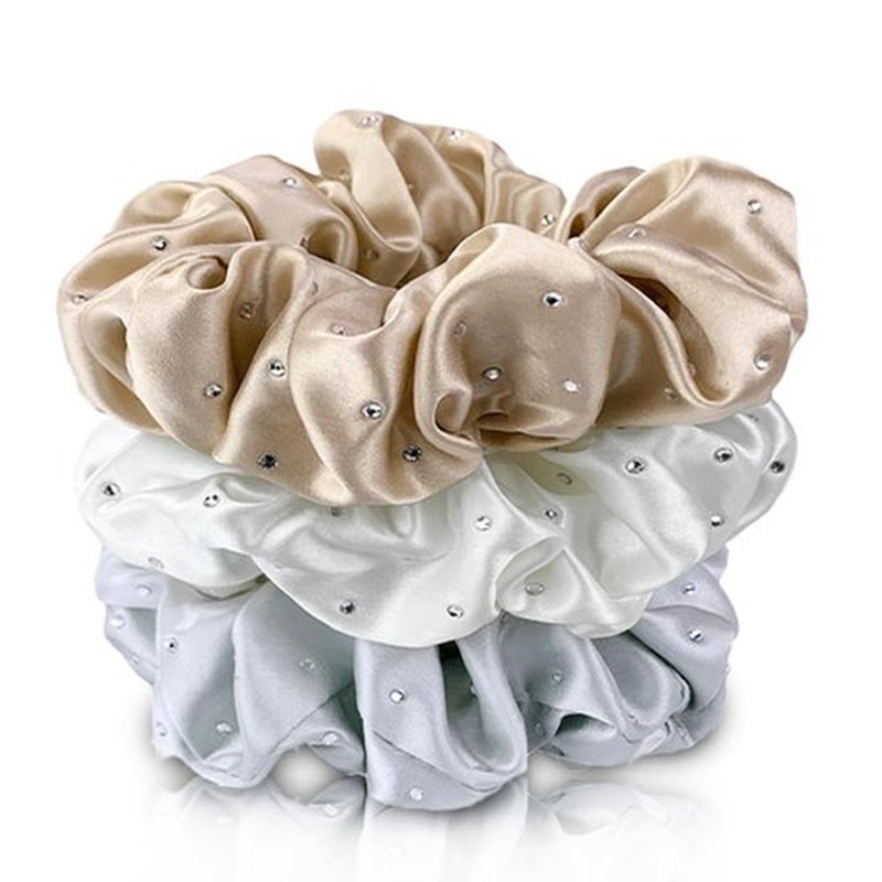 Celestial Silk Mulberry Silk Scrunchies for Hair (Silver, Taupe, Ivory with Rhinestones)
