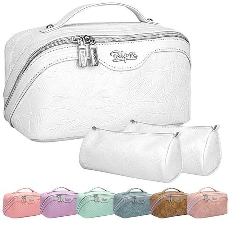 Travel Makeup Bags Cosmetic Organizer Bag: 3-Set Large Capacity Make up Bag - PU Leather Toiletry Bag for Women - Wide Open Portable Pouch with Divider & Handle (02-White)