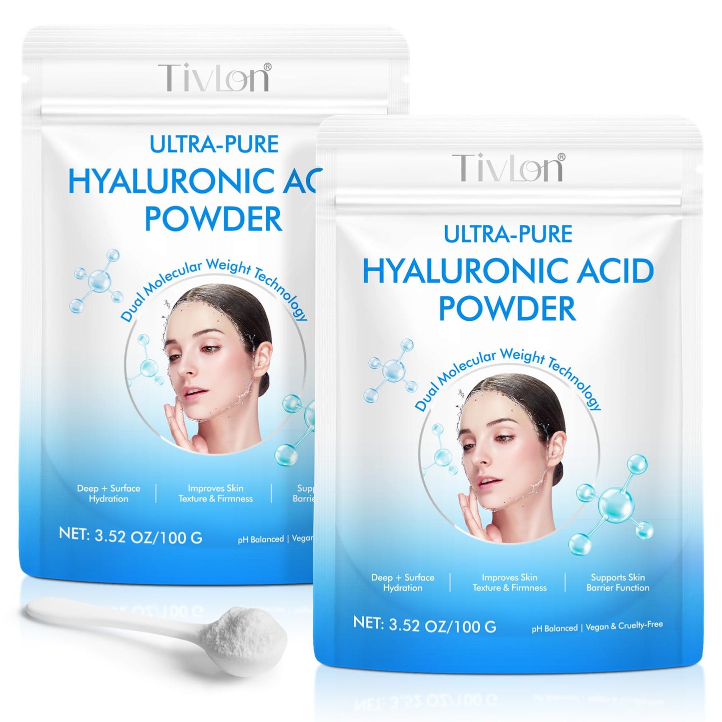 2x Hyaluronic Acid Powder for Skin & Face, High Molecular Weight Hyaluronic Acid Serum Powder Pure, 24Hours Skin Hydration and Moisture Support Supplements | Vegan-friendly, 200g