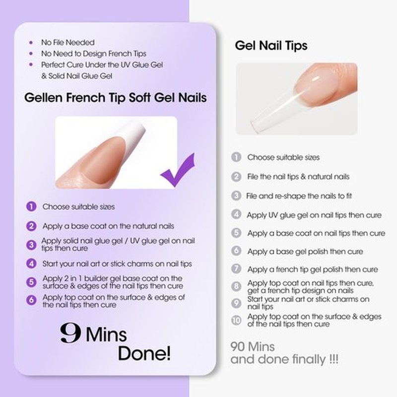 Gellen French Gel Nail Kit - Brown Long Square French Tip Fake Nails Matte Finished White Tips French Press on Nails, Solid Gel x Nail Glue & Top and Base Coat Gel Nail Polish for Nail Art DIY