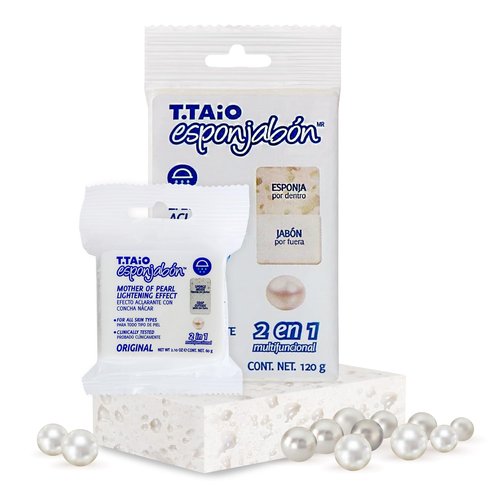 T.Taio Esponjabon Mother of Pearl Soap Sponge - Refreshing Shower Scrubber for Bath Wash & Oil Removal - Bathroom Necessities with Invigorating Scents - Mini Pearl Included