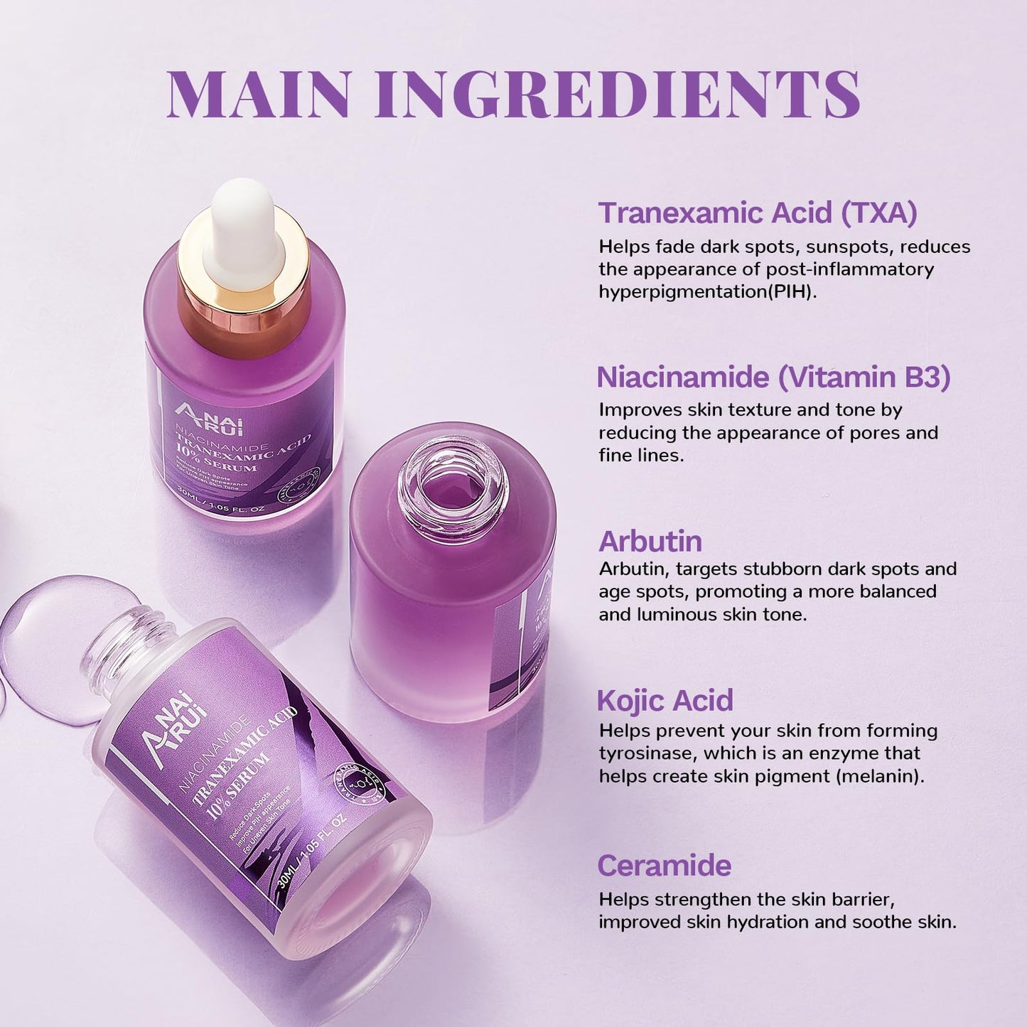 ANAI RUI Advanced 10% Tranexamic Acid Serum With Niacinamide, Kojic Acid, Arbutin, Dark Spot Care, PIH, for Uneven Skin Tone 1FL.Oz