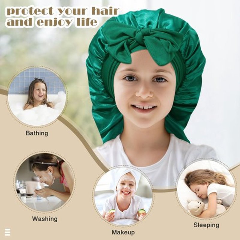 Kids Long Hair Bonnet for Sleeping - Double Layer Girls Elastic Satin Bonnet with Tie Band for Braid Curly Hair (Green)