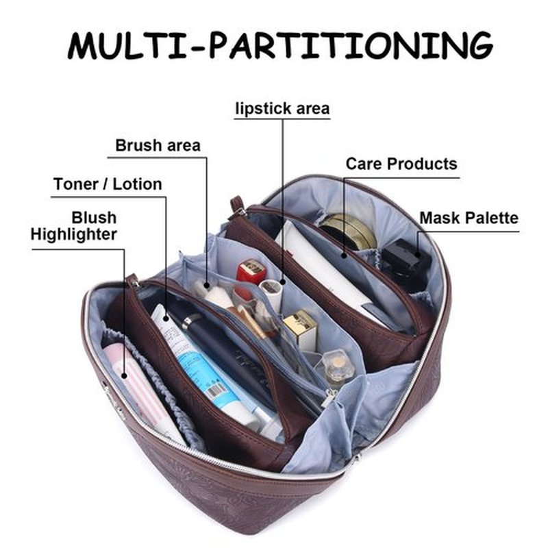Travel Makeup Bags Cosmetic Organizer Bag: 3-Set Large Capacity Make up Bag - PU Leather Toiletry Bag for Women - Wide Open Portable Pouch with Divider & Handle (02-Reddish-Brown)