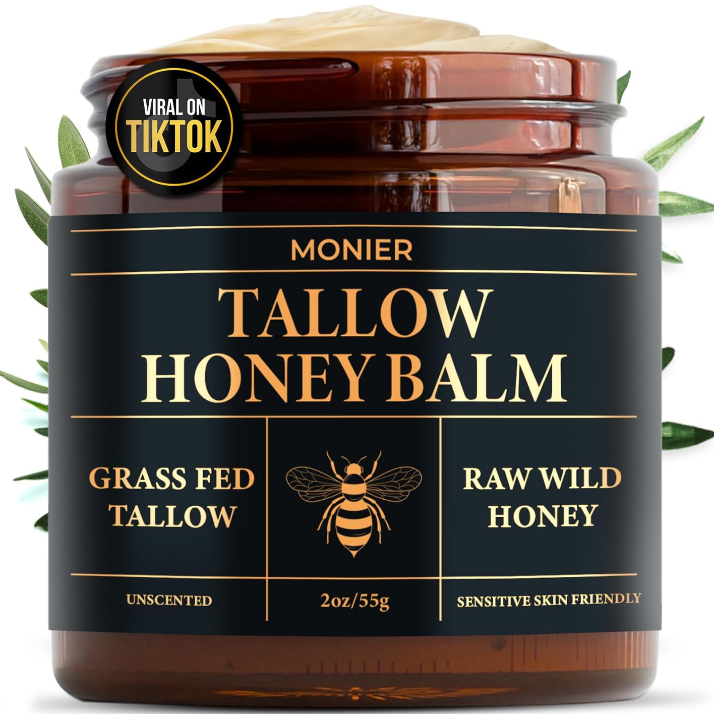 MONIER Beef Tallow and Honey Balm for Skin and Face – Moisturizer with 100% Organic Grass-Fed Beef Tallow & Raw Wild Honey – Natural Formula for Dry & Sensitive Skin – 2oz, Unscented