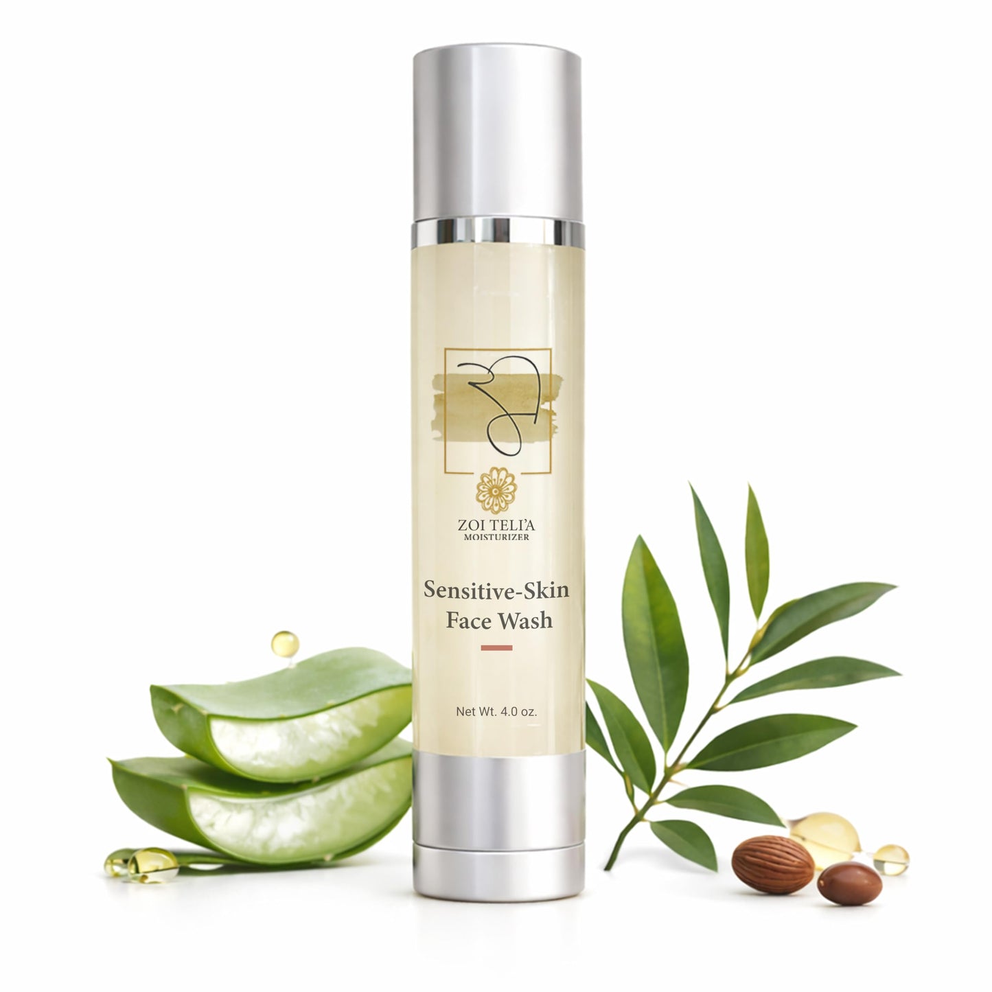 Zoi Teli'a Sensitive Skin Face Wash with Aloe Vera, Burdock Root and Botanical Oils, Fragrance Free Gentle Facial Cleanser Formula for Daily Use - Made in USA - 120ml - Clear