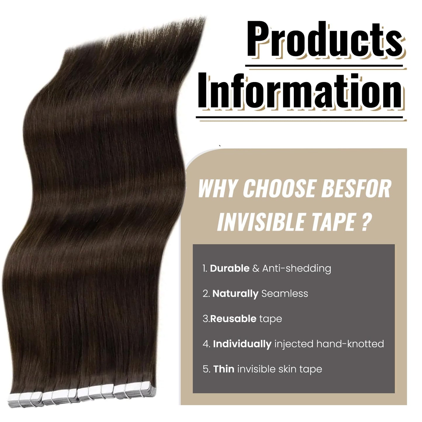 Brown Tape in Hair Extension Human Hair 20Inch 50g 20PCS Skin Weft Remy Straight Hair 2# Dark Brown Real Human Hair Extension
