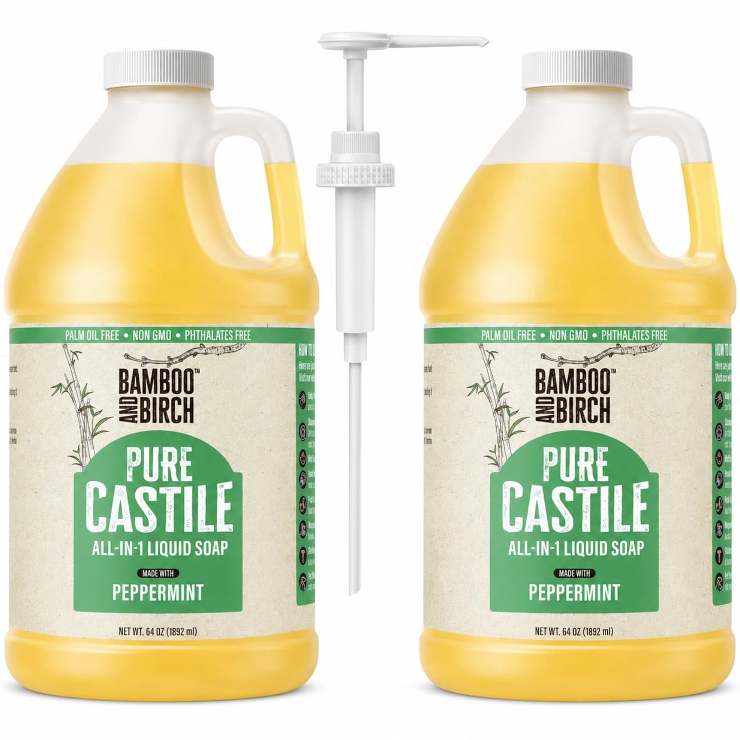 BAMBOO AND BIRCH Pure Castile Soap Liquid, Peppermint, 64 oz