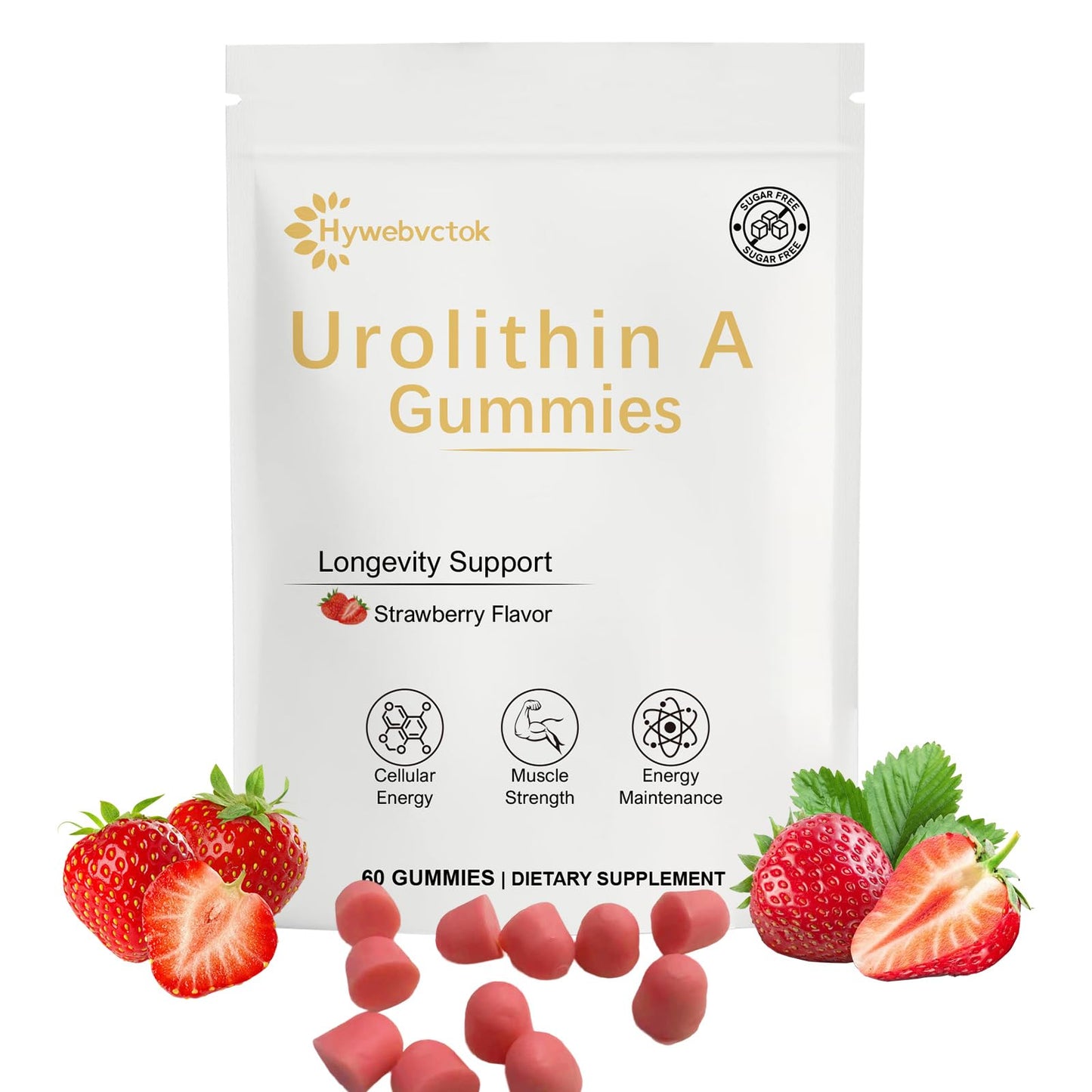 Hywebvctok Urolithin A Supplement Gummies,500mg Urolithin A+ Supplement,Mitochondrial Support Supplement for Cellular Support,Muscle Strength & Longevity,Renewal, Sugar Free,60 CT