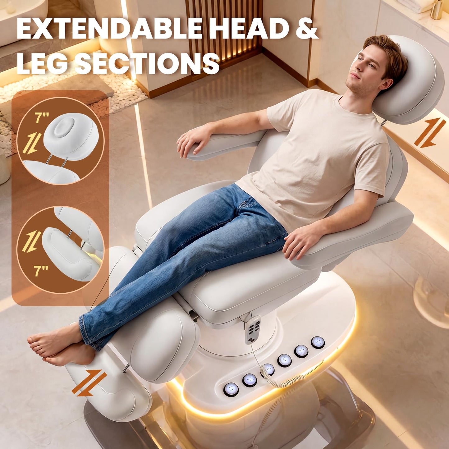 Oakvera Fully Electric Massage Table with 3 Motors, Professional Esthetician Bed with LED Light, Height, Length & Angle Adjustable Beauty Spa Bed for Facial & Medical, Stool Included, White