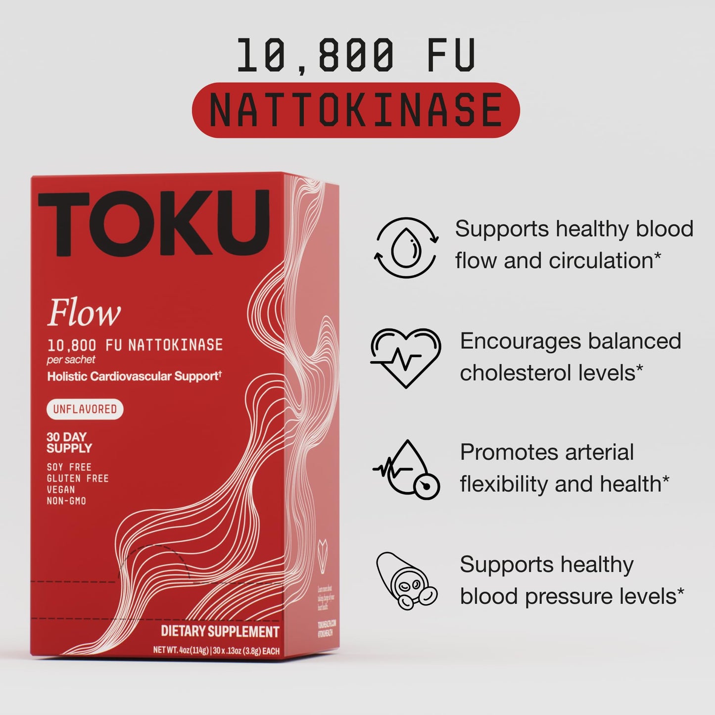 Toku Nattokinase 10,800 FU Supplement with Vitamin K2 MK7 & Oat Beta Glucan, Daily Circulation Support Powder, Plant-Based Drink Mix, Soy-Free, 30 Single-Serve Packets - Unflavored