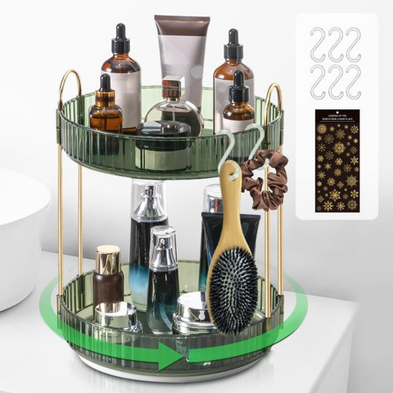 Makeup Organizer for Vanity,Large Skincare Make Up Storage 360° Rotating Perfume Organizers Cosmetic Dresser Organizer Countertop Organizer with Extra Hooks DIY Stickers for Bathroom