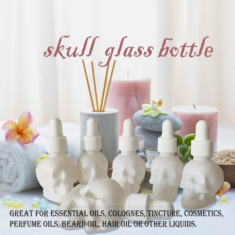 MINELEVEN 7 pcs Set 10ml Mini Skull Glass Dropper Bottle Leakproof Essential Oils Bottle for Storage and Travel (7pcs white skull bottle)