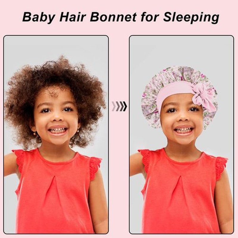 FIRSTPELLA 3 Pcs Baby Hair Bonnet for Sleeping - Kids Silk Satin Bonnets for Girls Curly Hair,Satin Sleep Bonnet for Teens Toddler Child(Pink+Black+Blue)