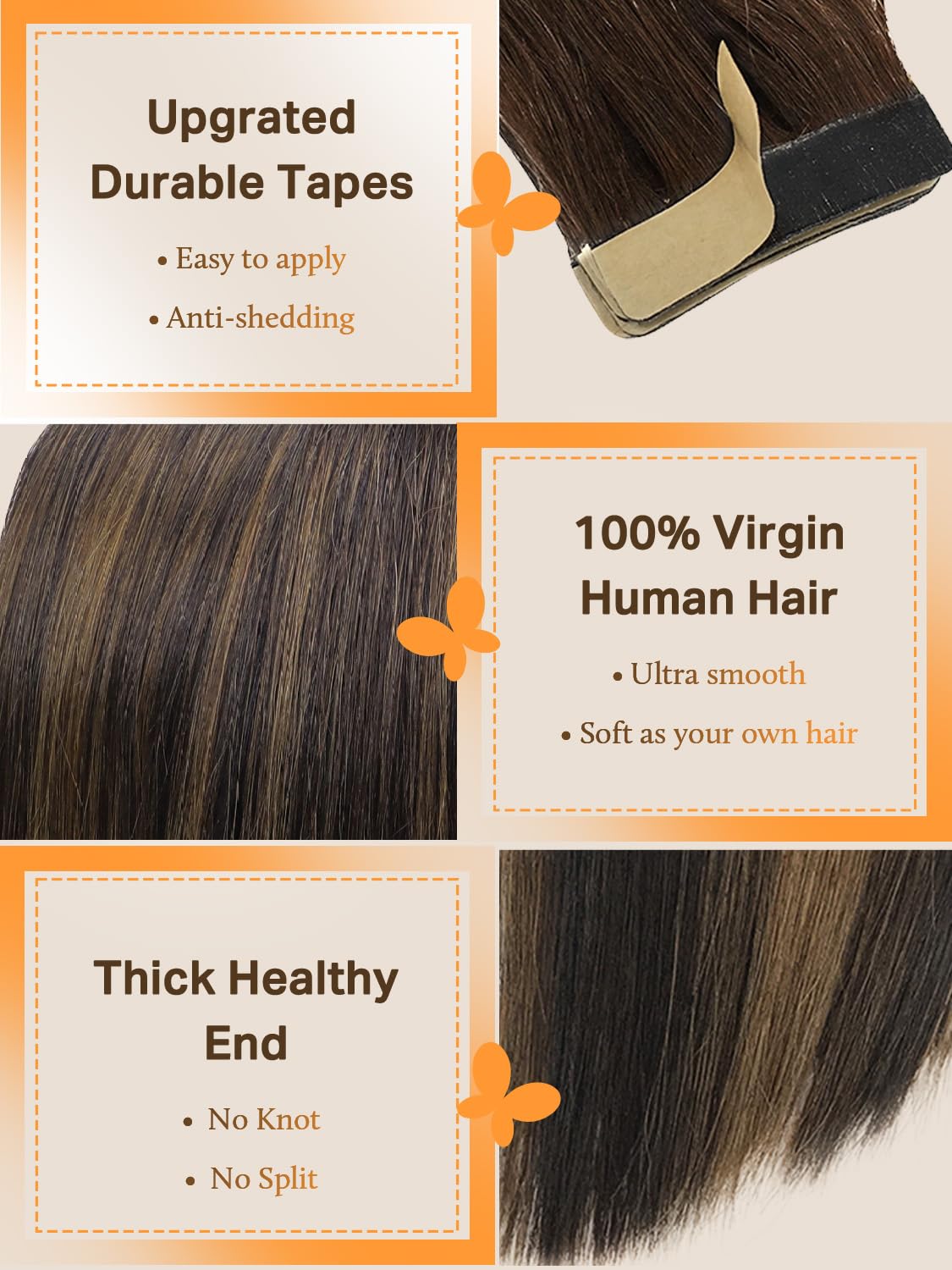 DOORES Human Hair Extensions Tape in, Balayage Dark Brown to Chestnut Brown Real Hair Extensions 40pcs 24 Inch 100g, Tape in Straight Natural Hair Extensions Skin Weft