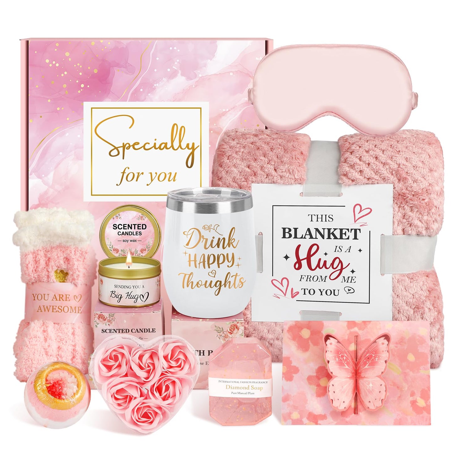 Juesly Birthday Gifts for Women Christmas Day Gifts, Unique Self Care Package Get Well Soon Basket Rose Relaxing Spa Kit with Flannel Blanket Tumbler, Happy Christmas Box for Friend Mom Sister Wife