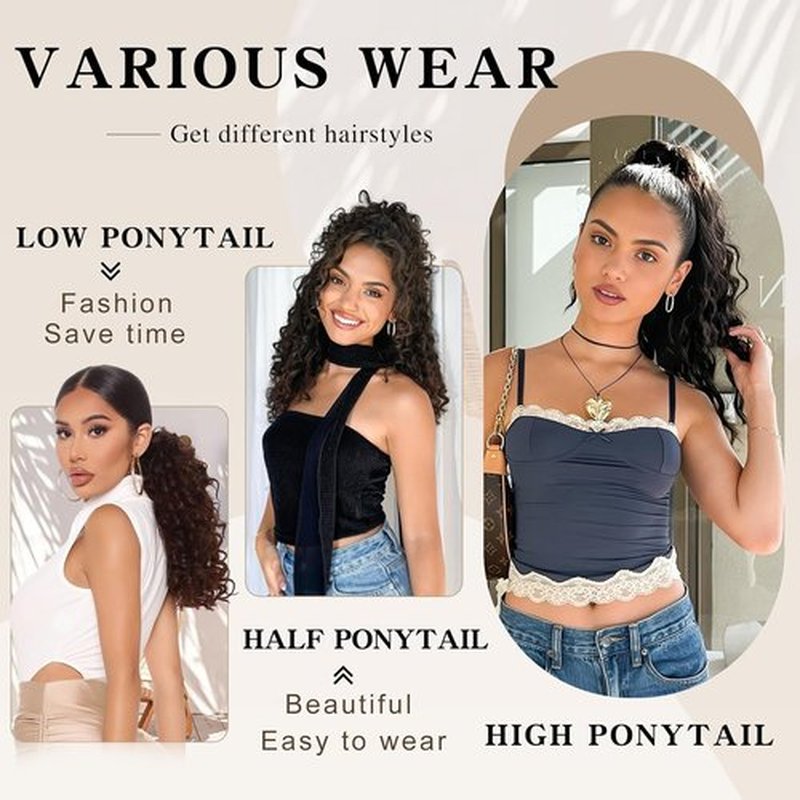 HMD Curly Ponytail Extension 22 Inch Fluffy Drawstring Ponytail for Women Clip in Long Curly Ponytail Hair Extensions Synthetic Hairpiece for Daily Use