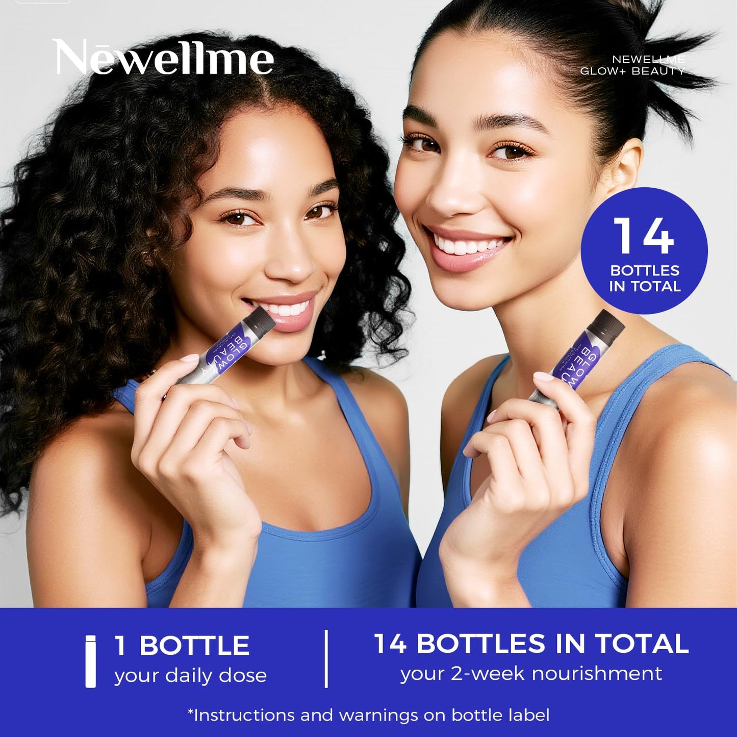NEWELLME Liquid Collagen Drink for Women, 18,000mg Multi Collagen Complex with Hyaluronic Acid & Antioxidants, Beauty Supplement for Skin Hydration, Hair & Nails, Blue Raspberry, 14 Bottles