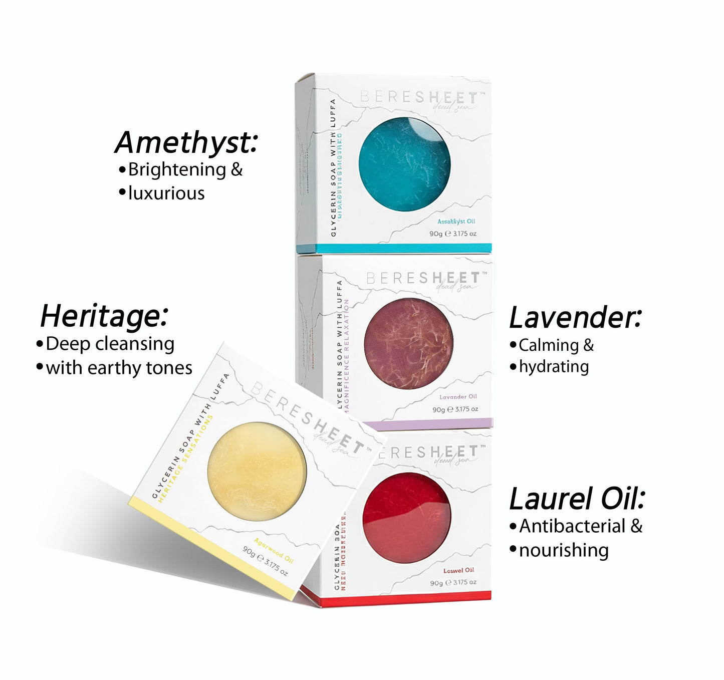 Beresheet Dead Sea Glycerin Soap Bar Set of 4 (90g x 4) – Handmade Moisturizing Soap Bars for Face & Body – Hydrating Natural Cleansing Bars for Dry & Sensitive Skin – Gentle Daily Skincare