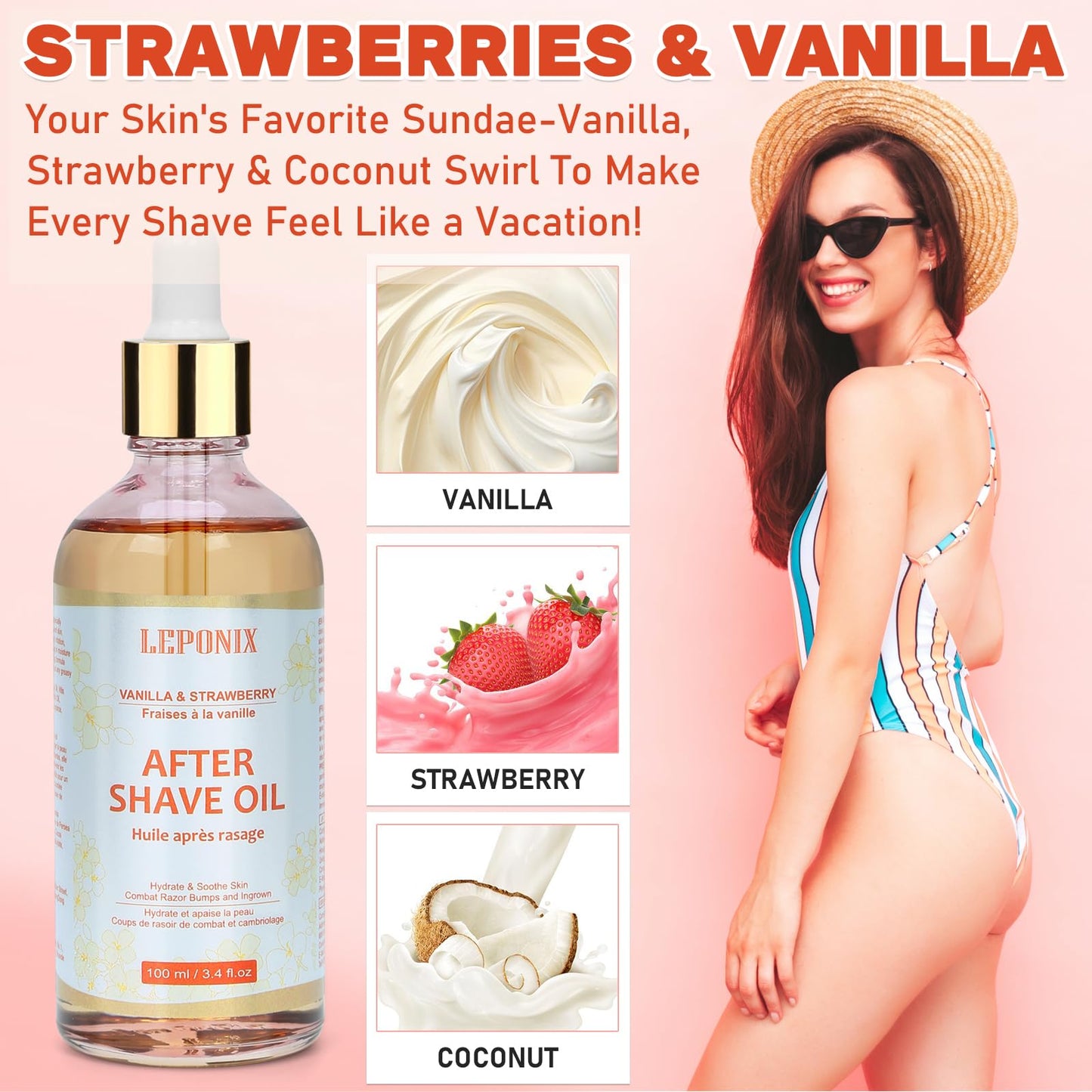 LEPONIX After Shave Oil for Women - 2025's Strawberry Vanilla Revolution (Not Grandma's Shave Oil) - Post Shave Treatment Prevents Ingrown Hairs & Razor Burn - Razor Bumps Treatment for Women - 100ml
