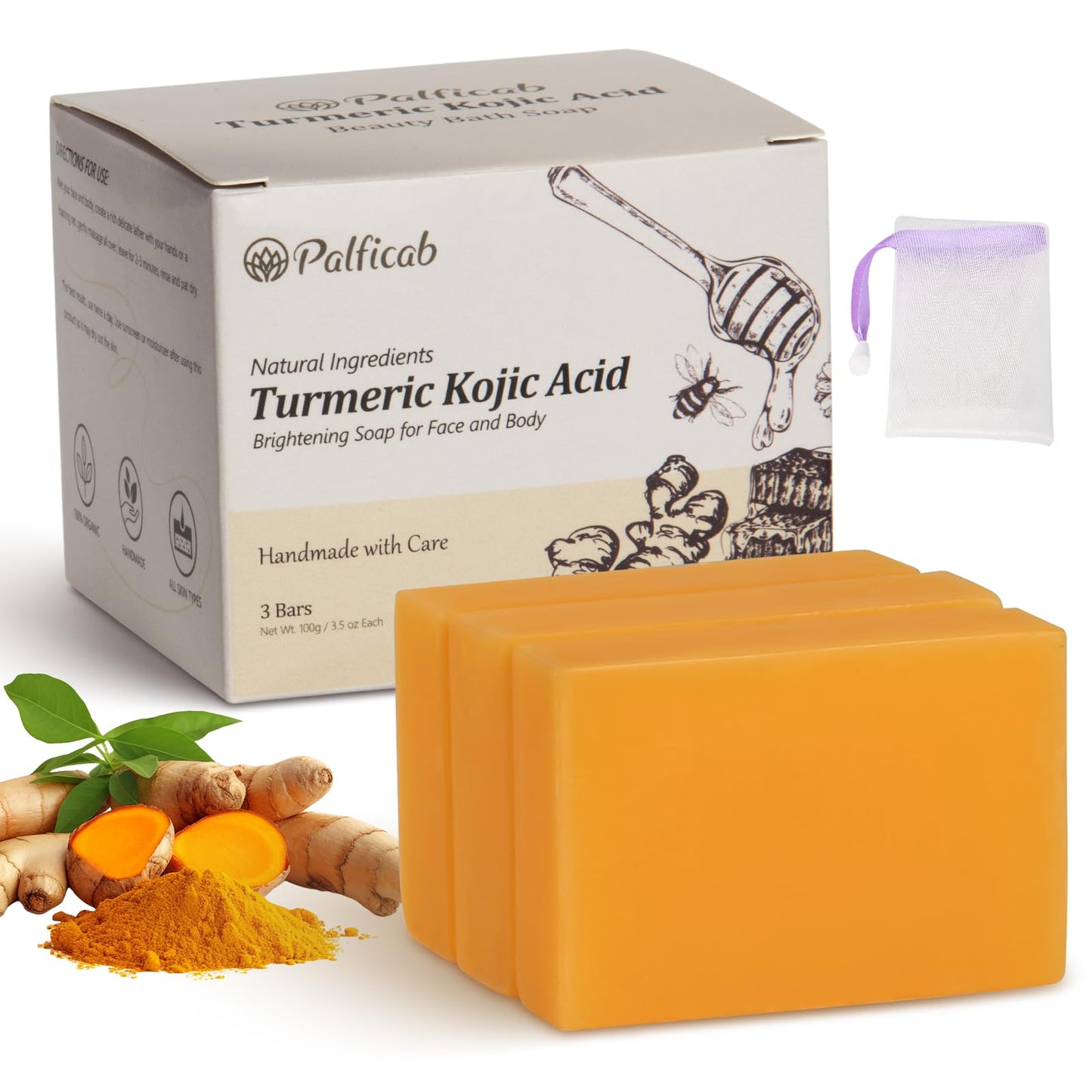 PALFICAB Kojic Acid Soap Dark Spot Remover, Honey Glow Turmeric Soap for Hyperpigmentation, with Kojic Acid, Turmeric, Shea Butter, Coconut Oil, Vitamin C, Skin Brightening for Face & Body, 3 Bars