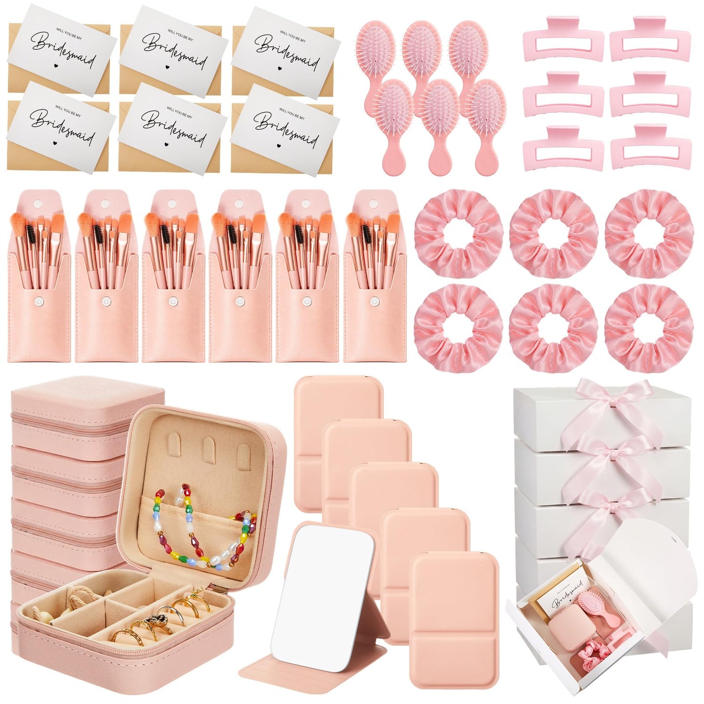 Novabright 48 Pcs Bridesmaid Proposal Gifts Box Set of 6 - Will You Be My Bridesmaid Gift Kit with Leather Jewelry Box & Mirror, Hair Accessories for Wedding, Bridal Shower, Bachelorette Party Favor