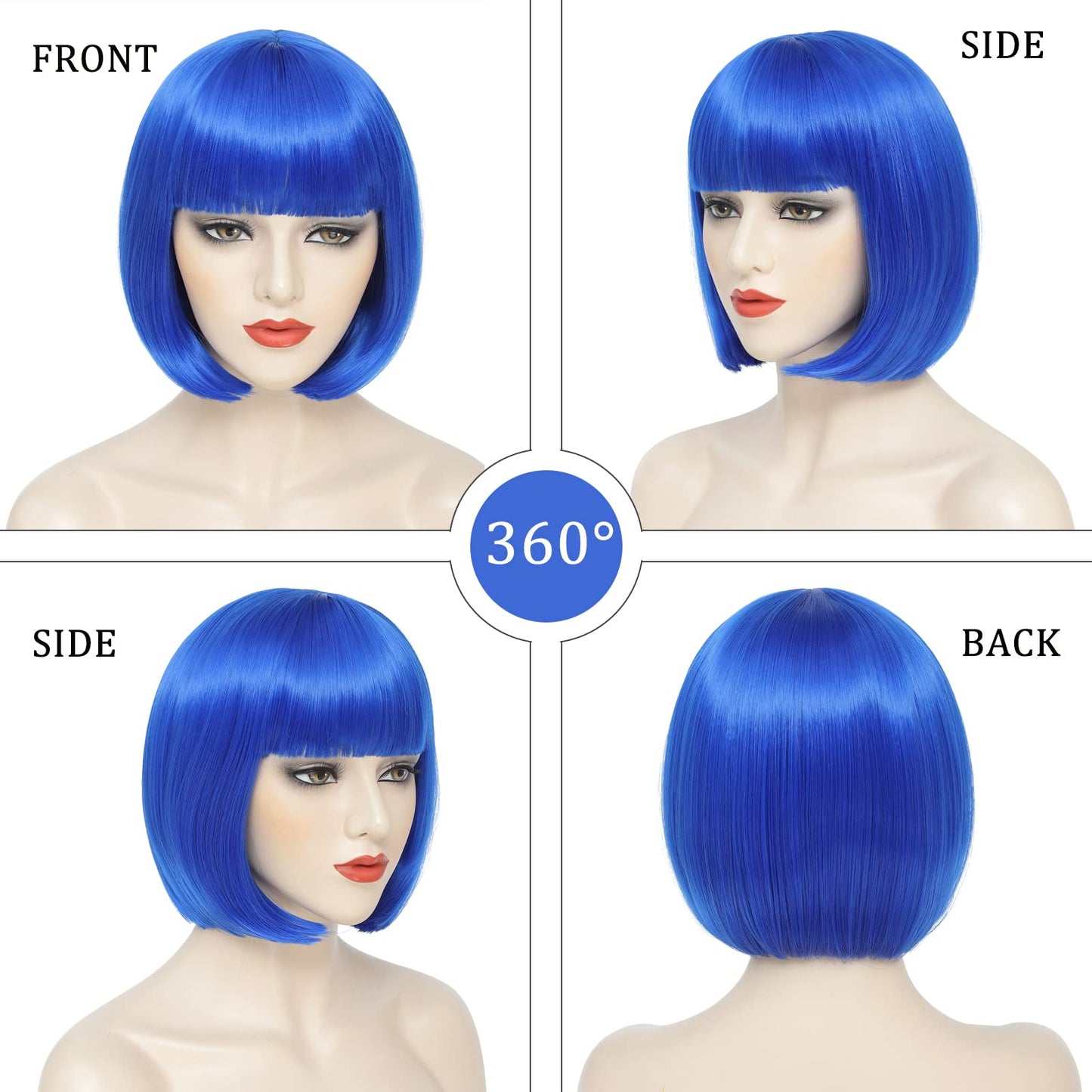 YBYMCAI Blue Bob Wig With Bangs Short Blue Bob Wigs For Women Straight Bob Bangs Wig 10 Inch Heat Resistant Synthetic Hair Natural Looking For Daily Party Use