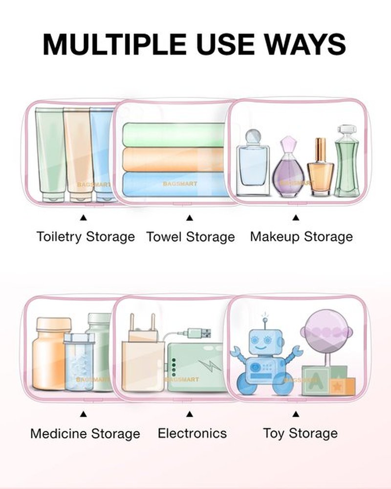 BAGSMART Clear Toiletry Bag, 2 Pack TSA Approved Carry on Travel Accessories Bag Airport Airline Quart Size Bags Water Repellent Makeup Cosmetic Bag for Women (Pink-2pcs)