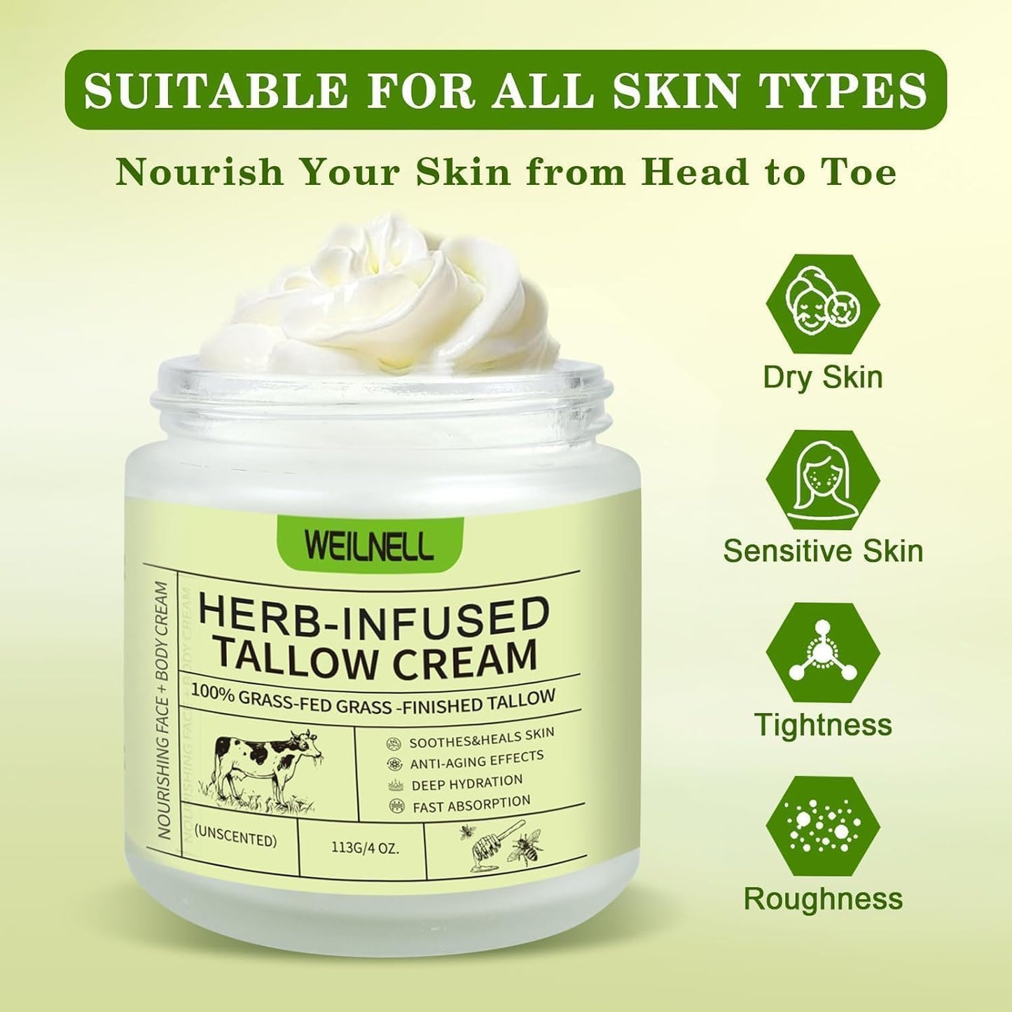 WEILNELL Beef Tallow for Skin, Tallow Face Moisturizer (4 Oz), Organic Grass Fed Beef Tallow Blam, Natural Moisturizer Hydrating Beef Tallow Cream, Deeply Moisturizing for Face & Body Skincare