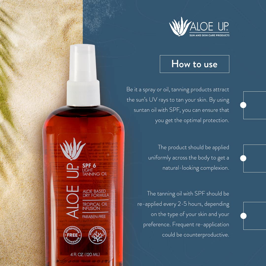 Aloe Up Light Tanning Oil With SPF 6 Sunscreen - Body and Face Tanning for Outdoor Sun - With Pure Aloe Vera Oil and Natural Oils - Absorbs Quickly - - Fresh Tropical Scent - 4 Oz