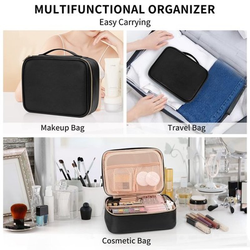OCHEAL Makeup Bag, Potable Make up Bag Cute Makeup Organizer Bag for Toiletry Cosmetics Accessories with Divider and Brushes Compartments, Makeup Travel Case Cosmetic Bags Women and Girls- Black