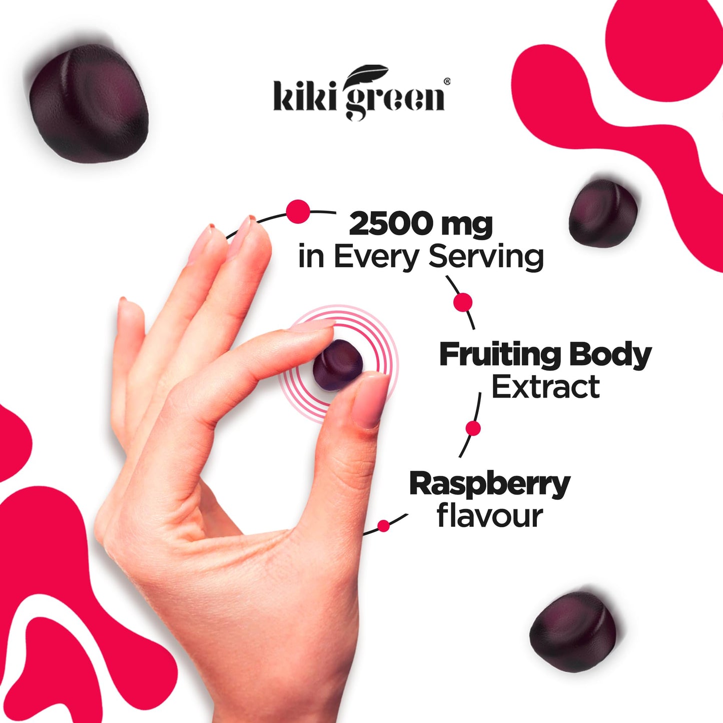 KIKI Green 12 Mushroom Supplement Gummies - Lion's Mane, Cordyceps, Chaga, Reishi, Turkey Tail & 7 More for Memory, Focus, Immunity - 60 Mushroom Gummies for Adults with Raspberry Flavor 10:1 Extract