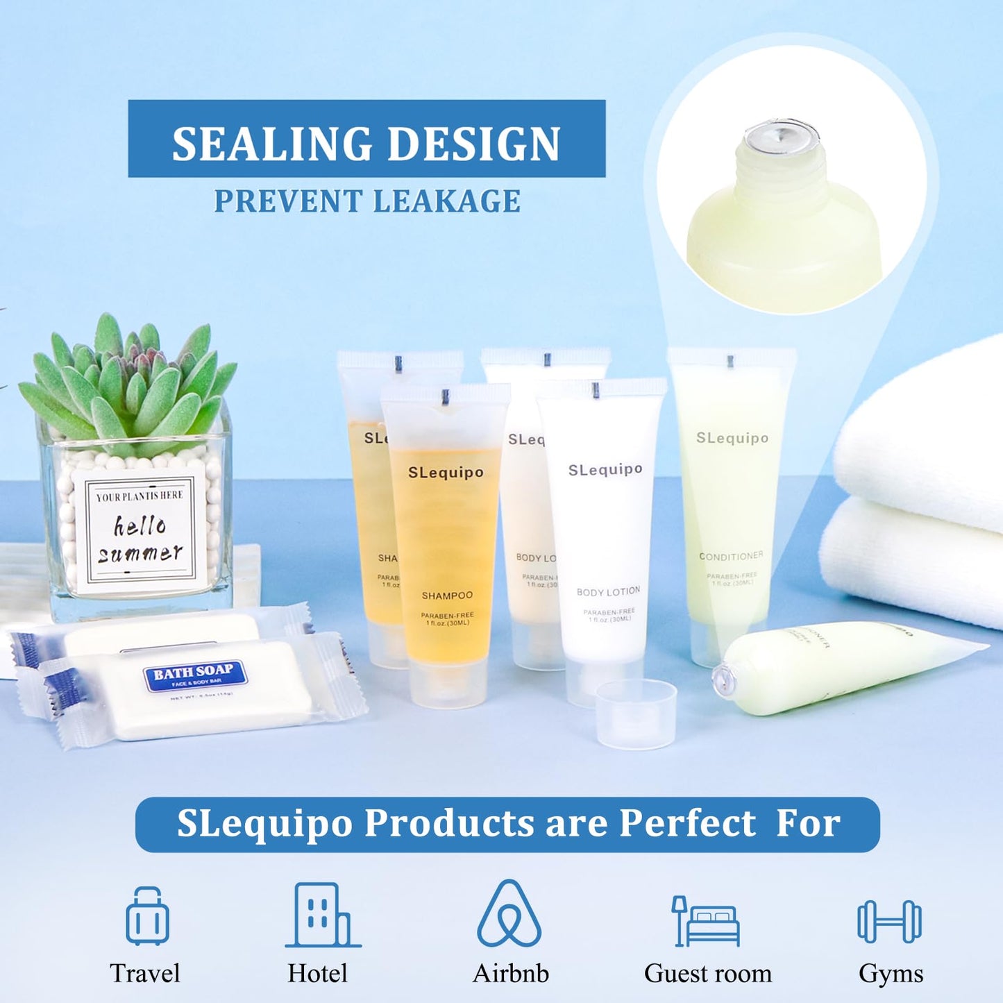 SLequipo 4-IN-1 Hotel Toiletries Bulk Set (200PCS) 4-Piece Set: 50 Hotel Bar Soap 0.5oz, 50 Hotel Shampoo, 50 Conditioner Travel Size, 50 Hotel Body Lotion - Bulk Mini Guest Amenities