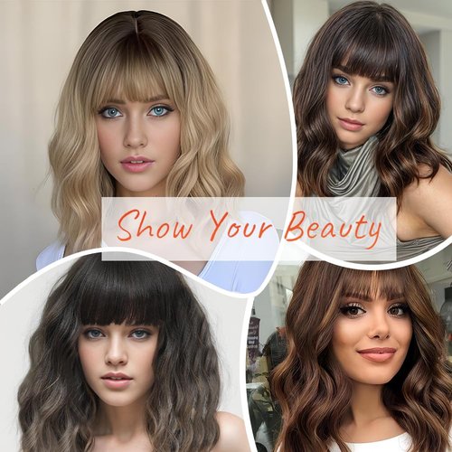 Short Wavy Gray Wig with Bangs 14inch Ombre Grey Highlight Brown Wigs for Women Short Curly Bob Wigs Synthetic Natural Looking Hair Replacement Wigs Costume Cosplay Halloween Wig(14'' Ombre Gray)