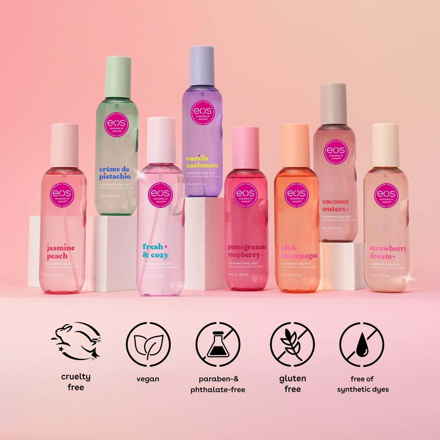 eos Cashmere Body Mist, Crème de Pistachio, body spray for women, hair mist, moisturizing, hyaluronic acid, glycerin, vegan, cruelty-free, 6 fl oz