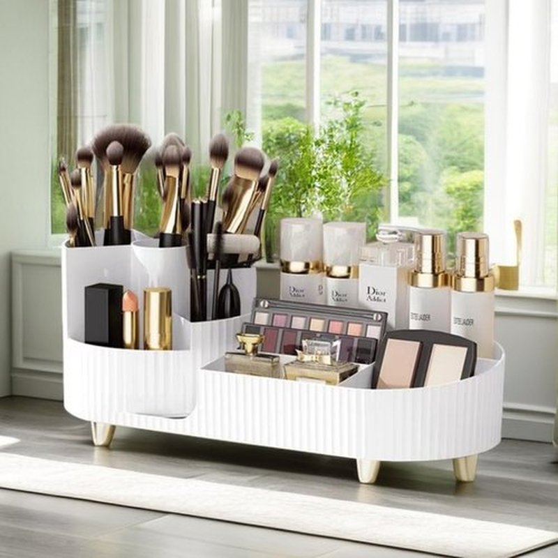 Rotating Large Capacity Cosmetic Display Case,Bathroom Counter Organizer Countertop Storage,Cosmetics Skincare Shelf Organizer (White, M)