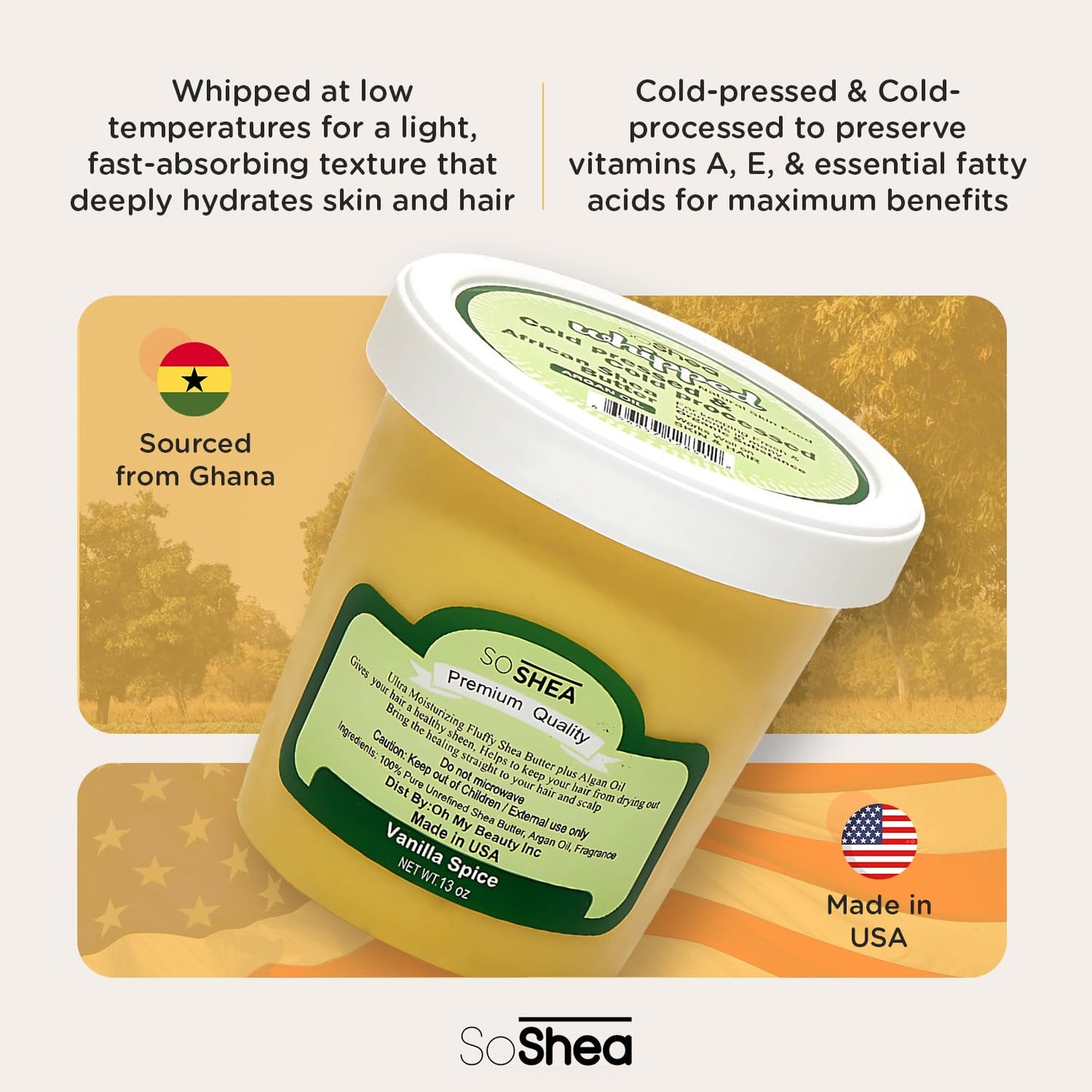 SoShea Whipped Shea Butter Vanilla Spice - Nourishes, Moisturizes & Renews | 100% African Pure Shea Butter | Cold-Pressed & Cold-Processed | No Dyes & Parabens | Vegan | 11.50oz / 326g