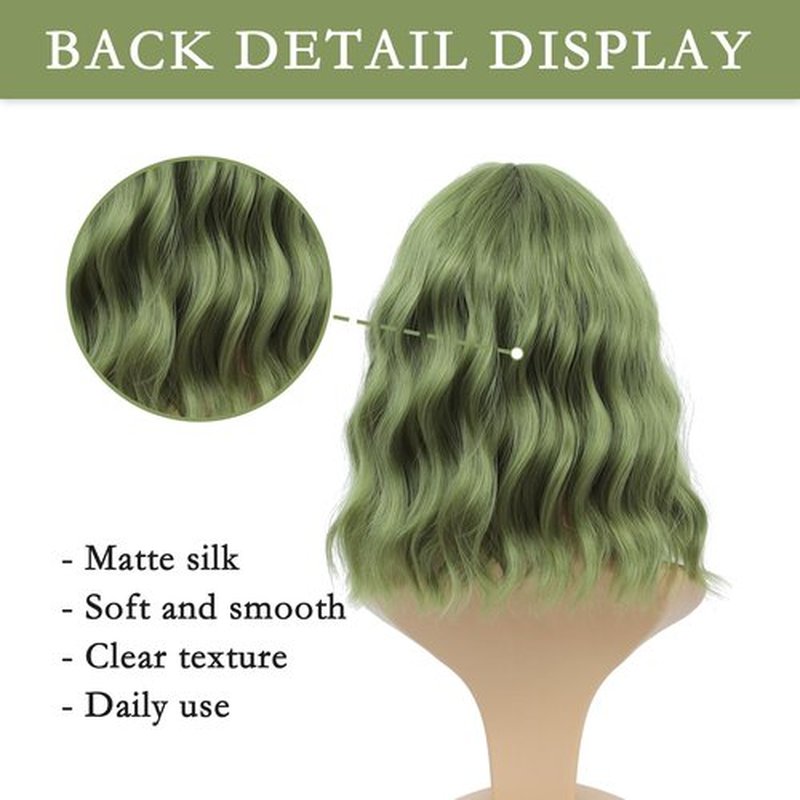 FimTim Short Wavy Bob Wig with Bangs for Women - Green Synthetic Wig for Daily Use