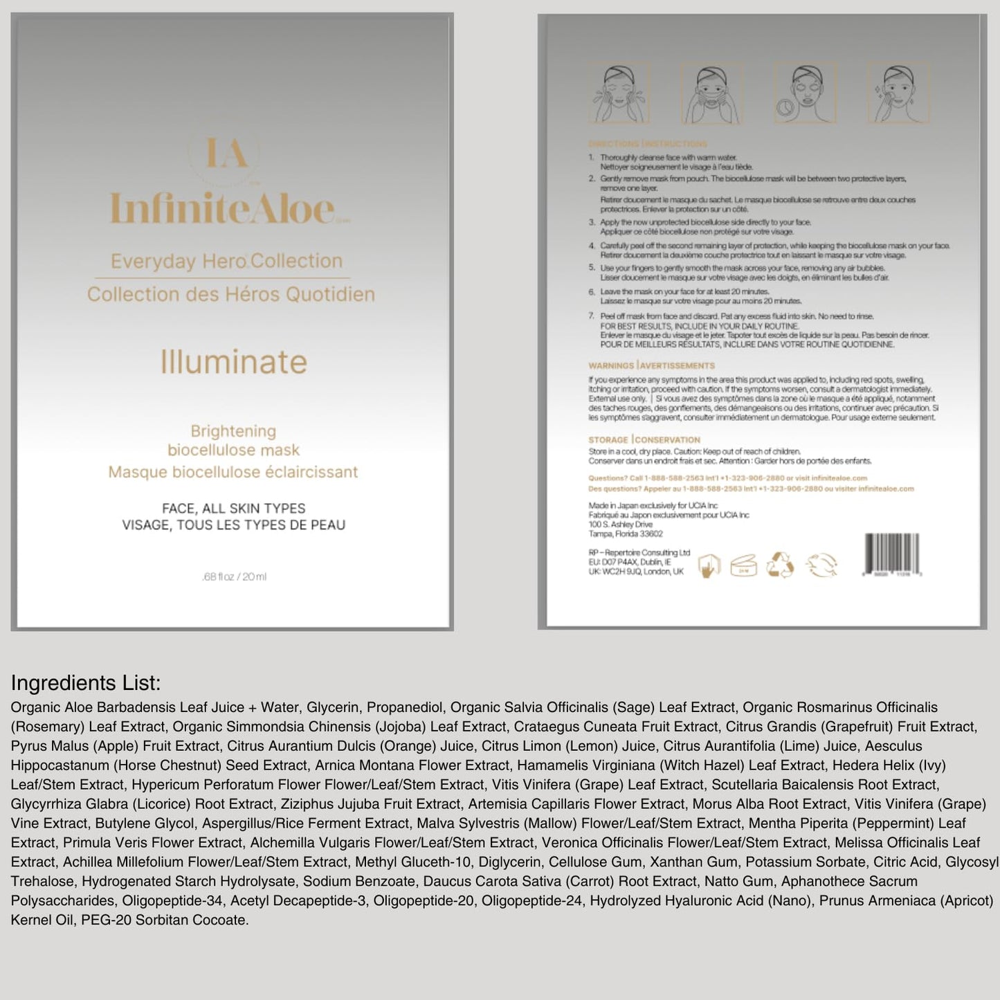 InfiniteAloe Biocellulose Fiber Face Mask, Everyday Hero Illuminate Brightening Face Mask