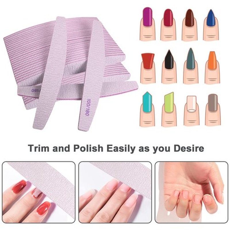 Nail Files (50 Pcs), 100/180 Grit Nail File Emery Board Bulk for Acrylic Nails and Natural Nails, Limas para Unas Acrilicas Profesional Pack Filers for Gel Nail Double Sided Manicure Curved Gray