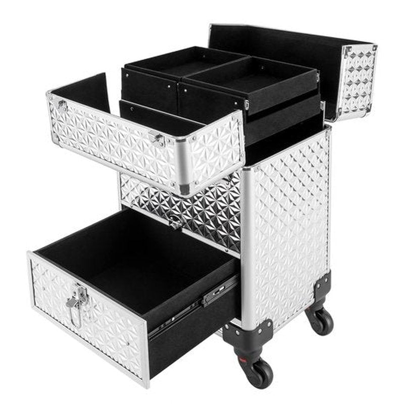 Rolling Makeup Train Case with Drawers&4 Wheel, Professional Aluminum Cosmetic Trolley Cases, Manicure Storage Case Trolley Makeup Case, Portable Beauty/Hair Styling Travelling Cart Trunk (Silver)