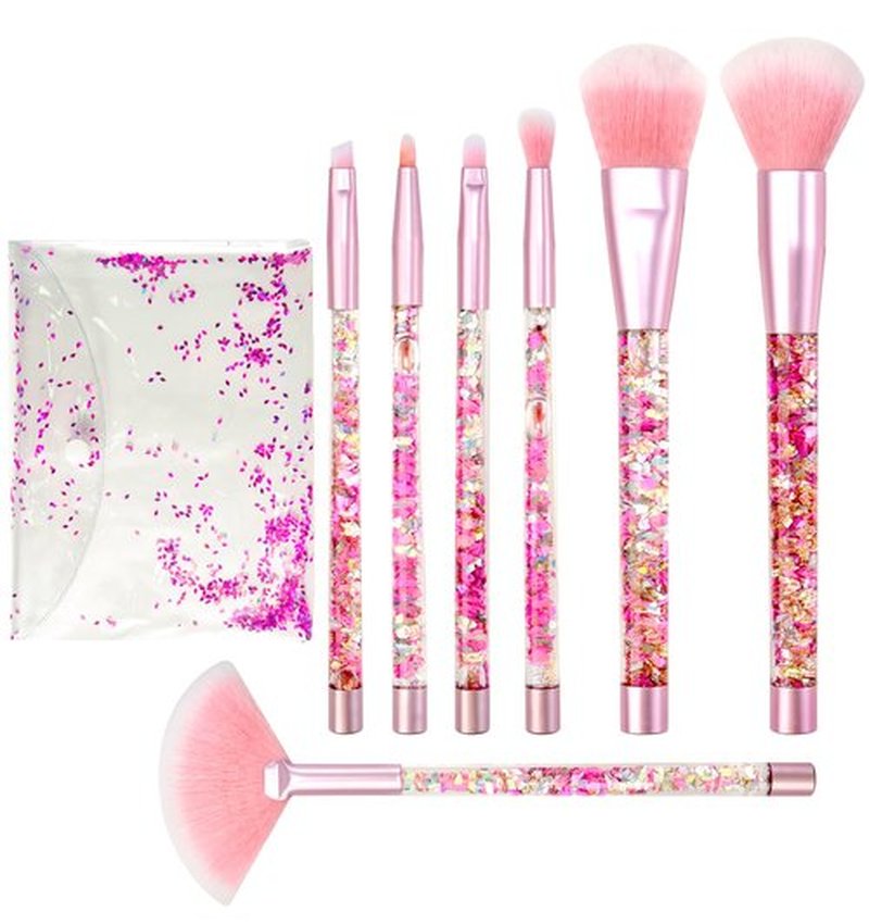 Hawetimher Makeup Brushes Set for Girls, Pink Liquid Flows 7PCS Foundation Fan Powder Blush Lip Eye Shadow Eyebrow Eye Blender Brush Set for Girls Teen Kids as Gift Present