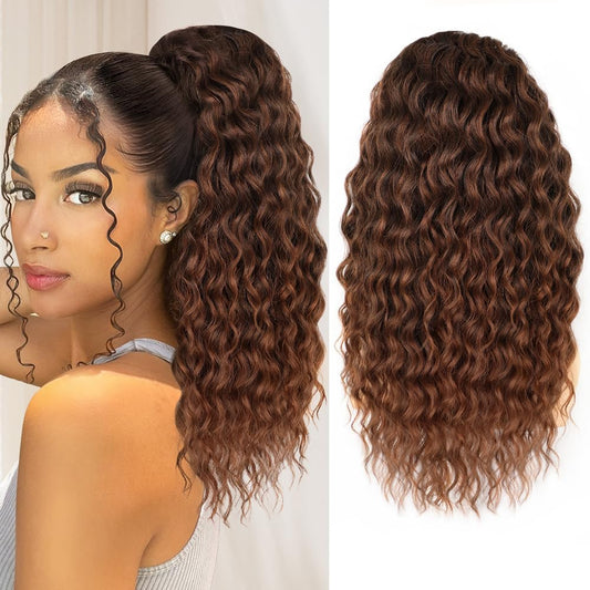 ALXNAN Wavy Curly Ponytail Extension, Long Soft 18" Ombre Auburn Drawstring Ponytail for Black Women Natural Synthetic Hairpiece Thick For Daily Use