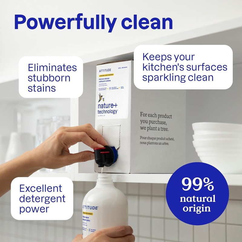 ATTITUDE Kitchen Cleaner Spray Refill - Plant-Based Degreaser for Grease & Grime | Citrus Zest, 67.6 Fl Oz