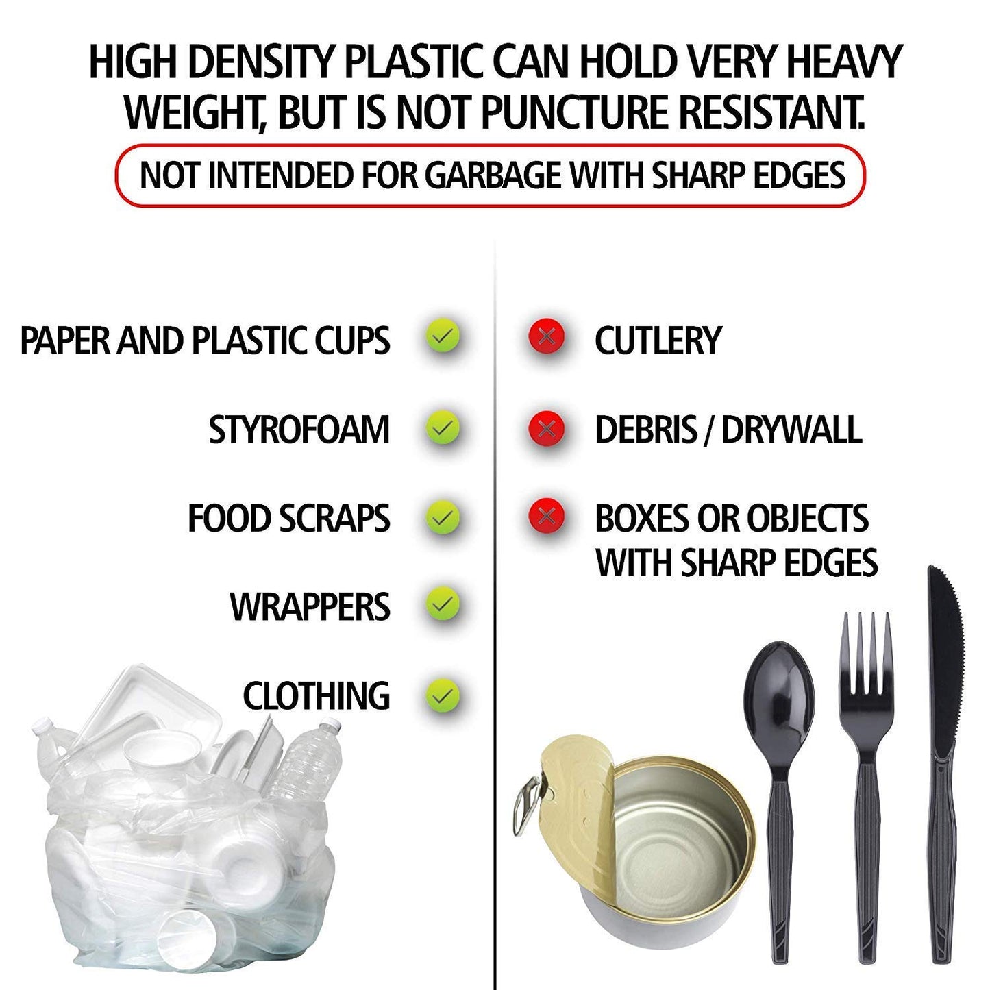 Aluf Plastics High Density Trash Bags, 60 Gallon, 200 Count, 14 Micron (eq), 38" x 60", Clear, for Bathroom, Office, Industrial, Commercial, Janitorial, Municipal, Recycling